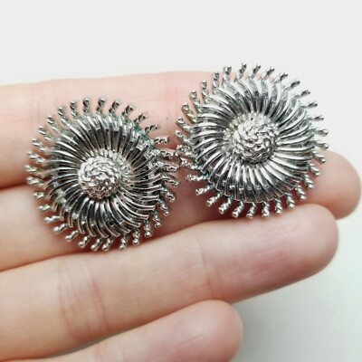 Vintage Crown Trifari Clip On Earrings, Silver Tone Pinwheel Shape Mid Century