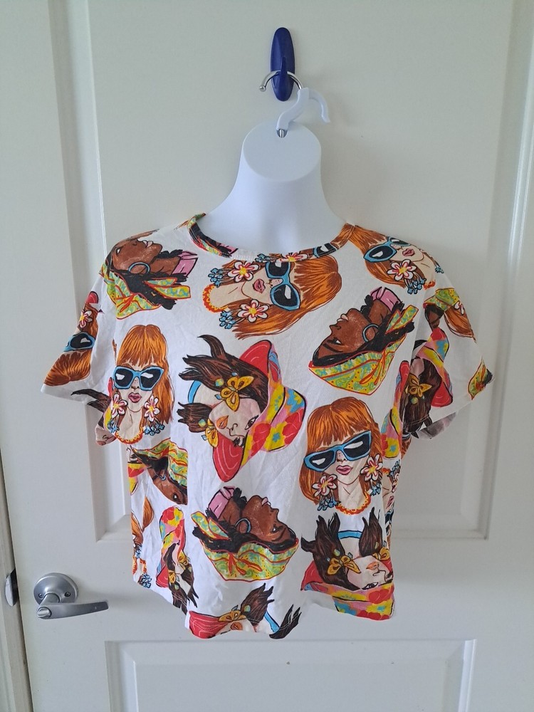 Zara Graphic White Cropped Cotton Print Sisterhood Face Tee Tshirt Size Large