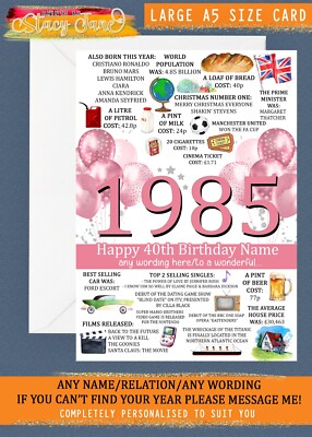 Personalisierte große Karte 40. Geburtstag A5 1985 weiblich Geburtsjahr Mutter Freundin