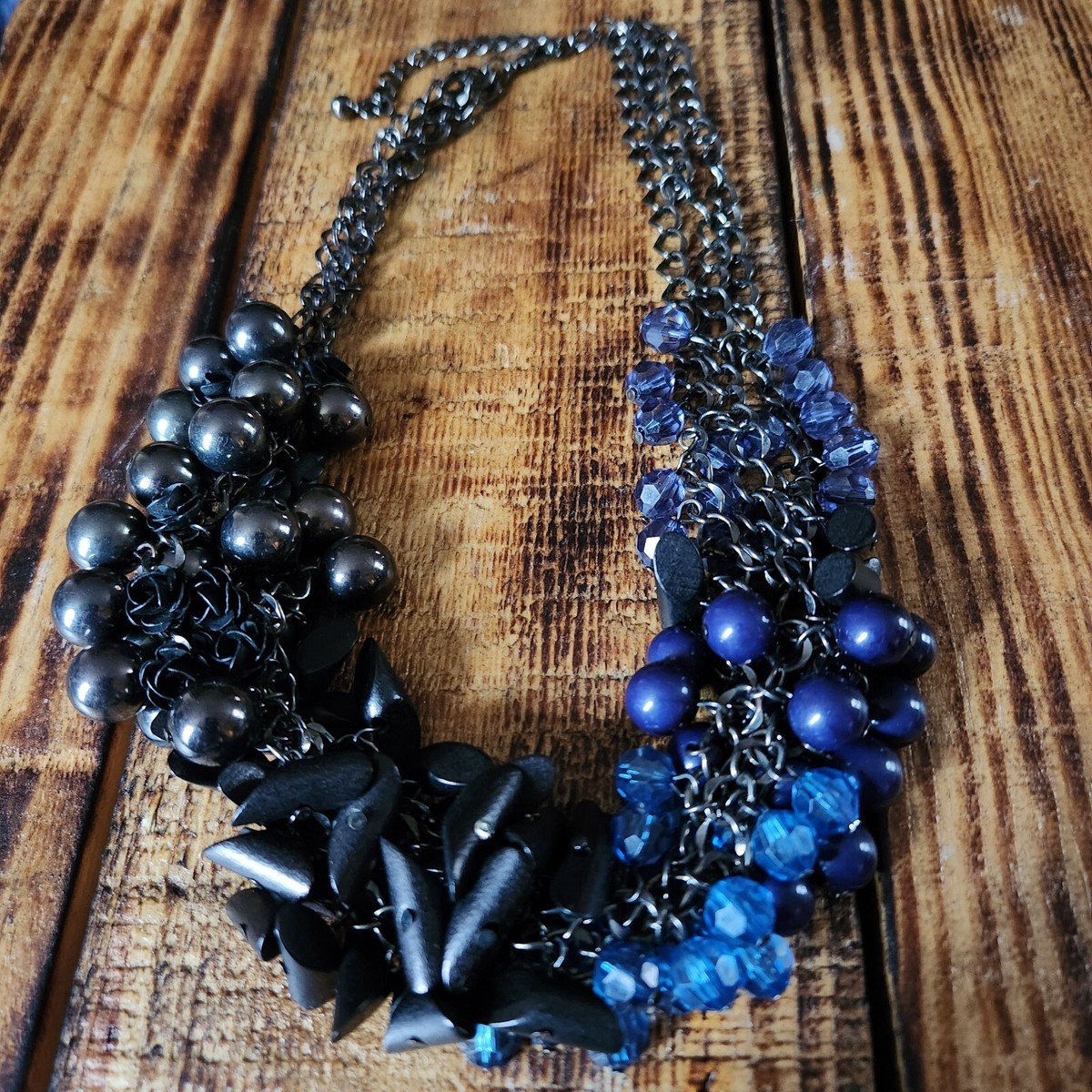 Beaded Statement Necklace Black Blue Beads Fashion Jewelry - Main Image