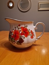 Vintage Large Romanian Milk Water Custard Jug 0.75 L Orange Red Floral Pattern