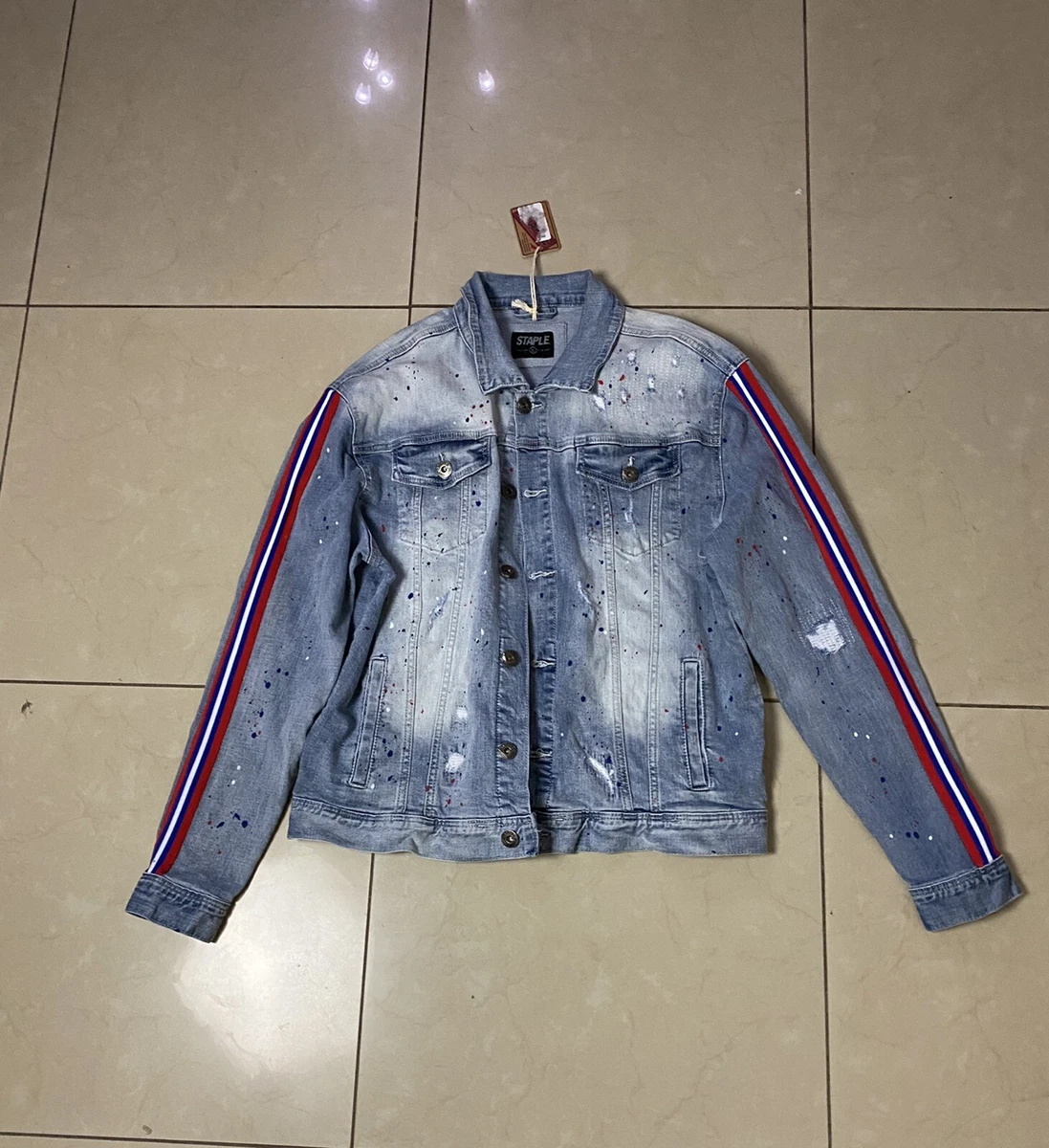 Jean jacket with store red stripe