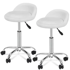 Set of 2 Salon Stools with Back Rest Saddle Rolling Hydraulic Spa Stools White