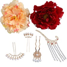 Chinese Wedding Flower Hair Clip Set Traditional Tassel Hairpins Headwear Decor