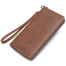 Mens Genuine Leather Large Capacity Wallet Clutch Bag Zipper Card Holder