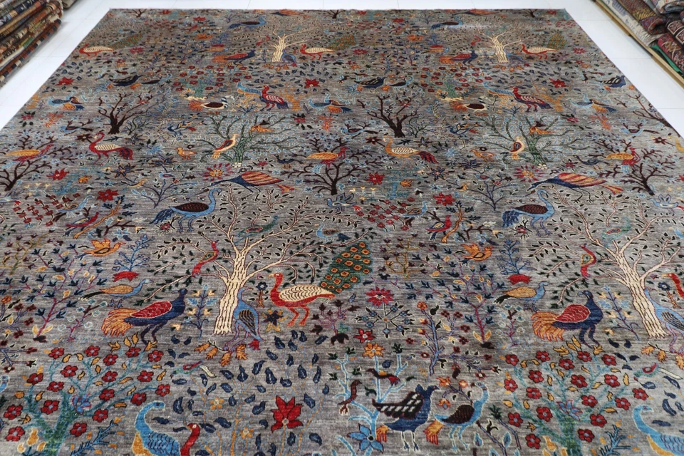 12x18 ft Birds Animal Gray Larger Area Rug Afghan Hand Knotted Veg Dyes Wool Rug - Image 4 of 4