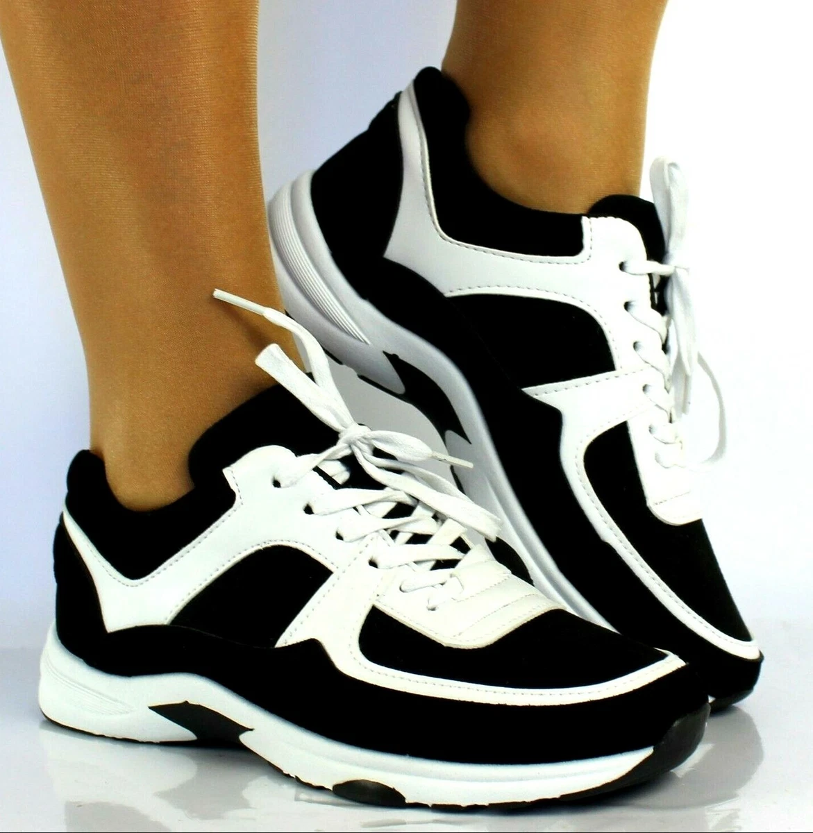 LADIES BLACK WHITE LACE UP TRAINERS WOMEN WALKING CASUAL SNEAKERS SHOES SIZES