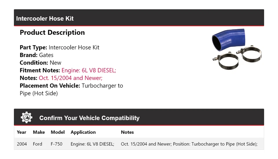 Kit de manguera intercooler para Ford F-750 2004 turbocompresor a tubería (lado caliente) puertas Foto 2 de 3