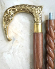 Nautical Handmade Brass Elephant Handle Brown Wooden Spiral Curved walking stick
