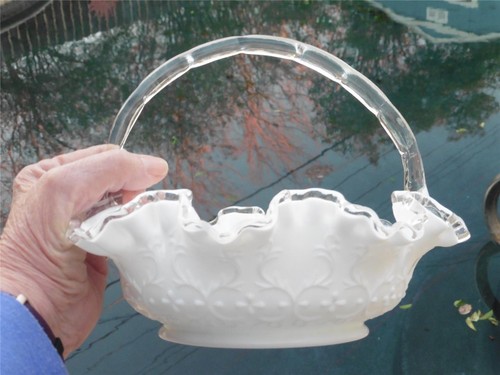 Fenton Glass Spanish Lace Silver Crest Round Crimped White Milk Glass Basket - Picture 6 of 6