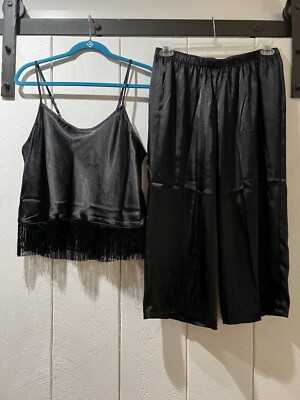New NWT linea donatella satin pajama set Black Fringe Camisole Cropped Pants M