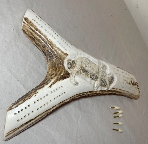 hand carved natural elk horn antler scrimshaw brass big cat cribbage game board - Picture 6 of 15