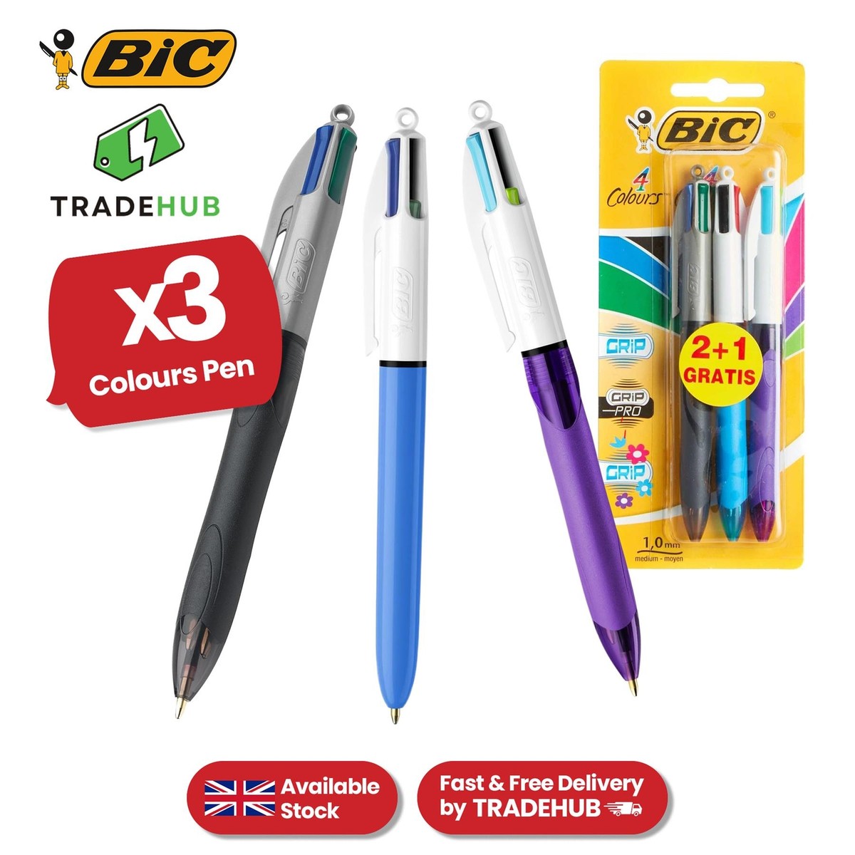 BIC 3x Grip Colour Pens Multi Coloured Pens All in One with