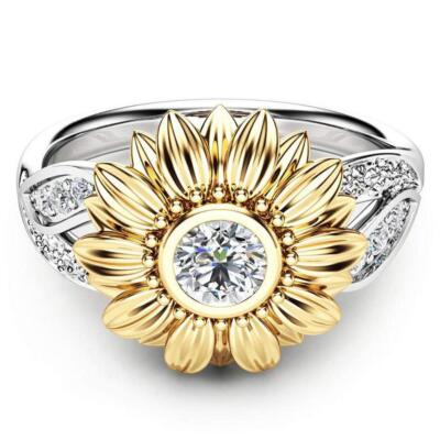 1Ct White Round Cut CZ Sun Flower Engagement Wedding Ring In 925 Sterling Silver