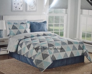 8pc King Comforter Set Patchwork Triangles Blue Gray Turquoise