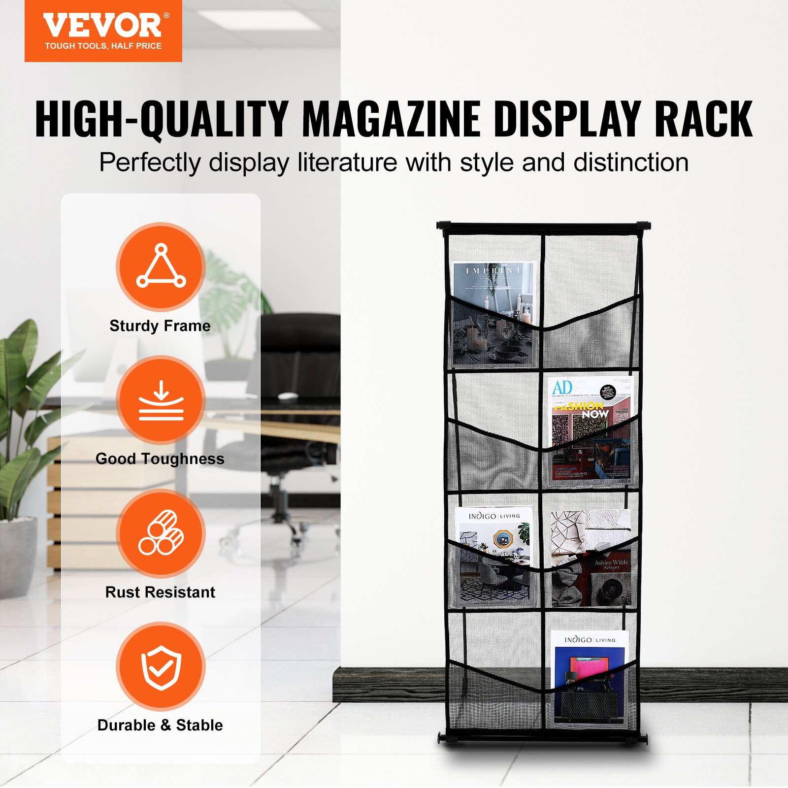 VEVOR Brochure Display Stand - 4-Tier Literature Holder with 8 Pockets, Mesh Mag