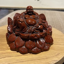 Laughing Buddha Lotus Flower Meditating Hand Carved Statue Art Red Resin. 3  x4  