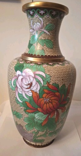 Vintage Messing chinesische Cloisenne Vase Chrysanthemen und Schmetterling 12,5" hoch - Bild 5 von 11