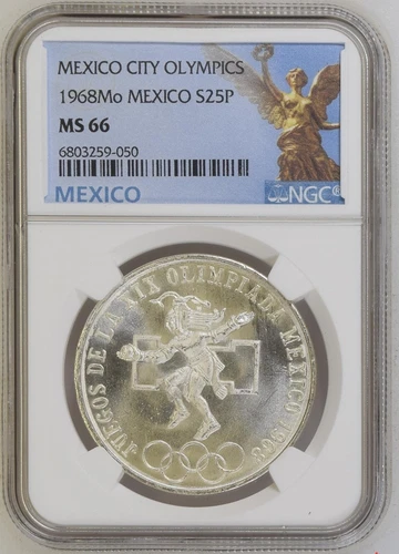 1968 MEXICO SILVER 25 PESOS S25P OLYMPICS NGC MS66 BEAUTIFUL Type 1 -As Pictured