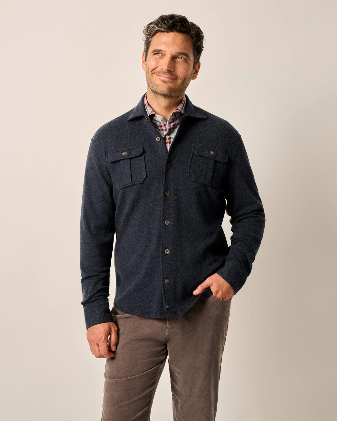 johnnie-O Briggs Stretch Knit Flannel Lodge Shirt Navy