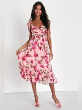 Lulu's Lush Loveliness Pink Floral Jacquard Tie Strap Midi Dress Size Large