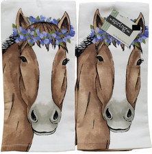 2 Same Dual Kitchen Terry Towels (16"x26") SPRING HORSE & PURPLE FLOWERS, Ritz