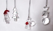 4 Glass Mini Feather Christmas Tree Ornaments, Santa, Snowman, Angel,  Tree