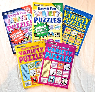 Lot Of 5 Penny Press Puzzle Books Variety - Word Seeks, Frame Works, Cryptos...