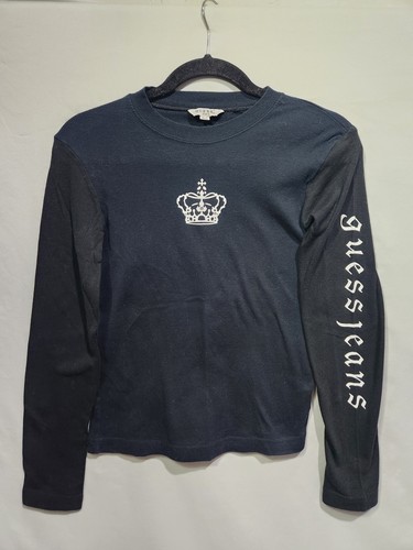 Y2K GUESS JEANS Womens Black Long Sleeve Arm Logo Chest Crown Rhinestone MED LRG