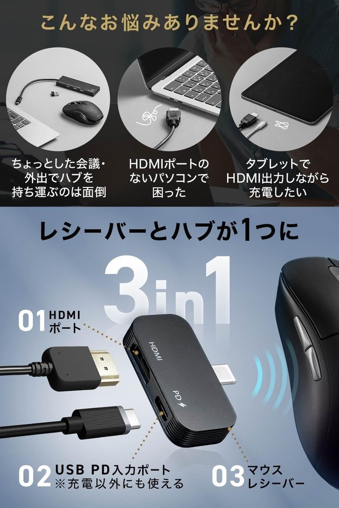 Bluetooth Wireless Mouse with 2.4G USB-C Receiver and USB Hub Function