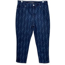 Chico s So Slimming Girlfriend Size 1, US 8 Blue Link Print Slim Leg Crop Jeans