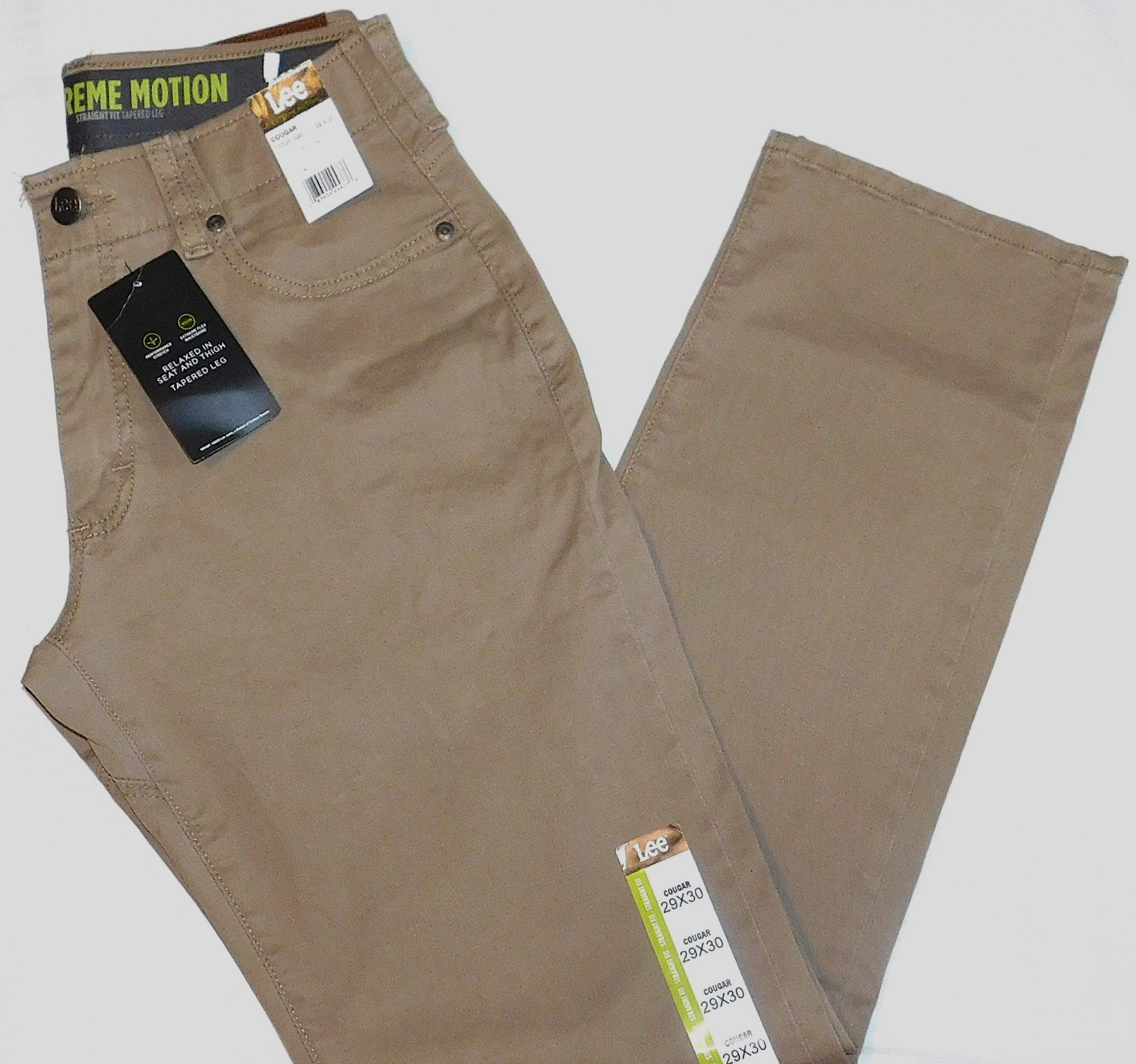 LEE Extreme Motion Jean Cut Pants Stretch Straight Taper Flex Waist Khaki Cougar