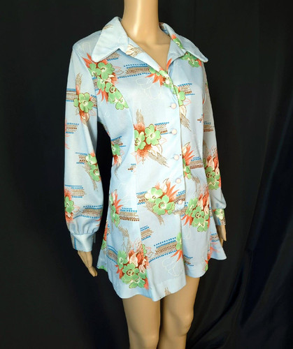 BOHEMIAN FLORAL PRINT vintage 1970s Buttonfront TUNIC TOP / MICRO MINI DRESS XL