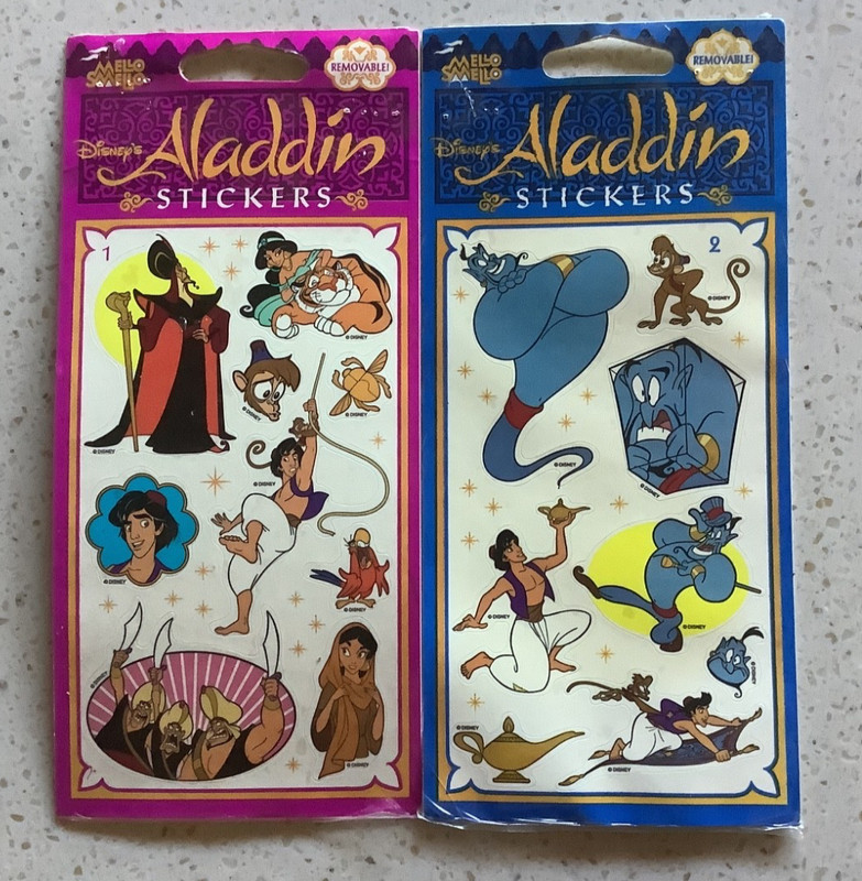 Vintage Mello Smello Disney ALADDIN STICKERS - Full Set of 2 (1993) Unopened!-P