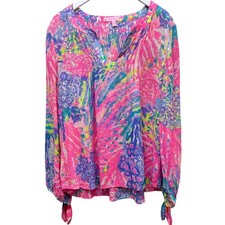 Lilly Pulitzer Silk Peasant Blouse Large Pink...