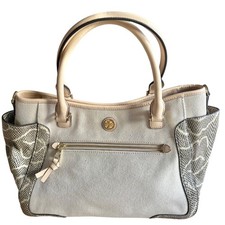  350 TORY BURCH Frances Canvas Snakeskin Leather Tote Bag Beige Gold Satchel EUC