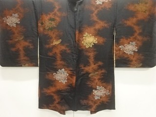 39755# JAPANESE KIMONO / ANTIQUE HAORI / SILK / URUSHI / WOVEN FLOWER
