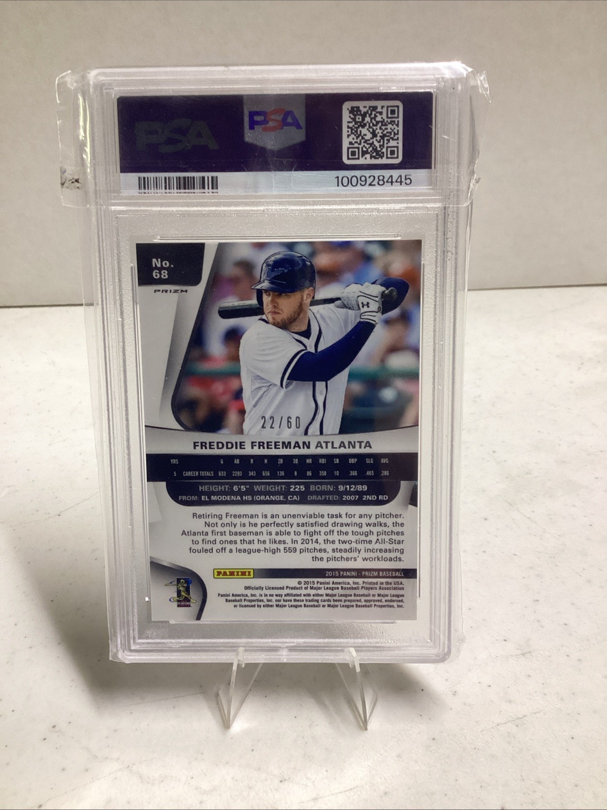 2015 Panini Prism Freddie Freeman Orange Prism /60 PSA Gem Mt 10 view 2