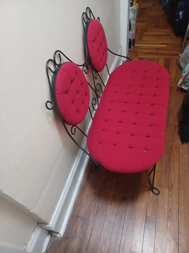 Red Tufted Bench Seat Antique Vintage Mid Century Black Metal - Image 2 of 4