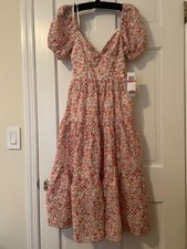 NWT Kingston Grey Juniors' Textured Puff-Sleeve Tiered MIDI Dress ,Ivory/Pink XS