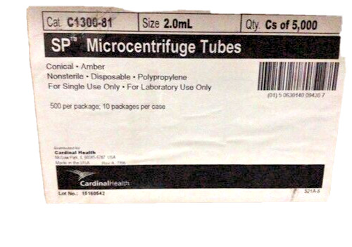 Cardinal Health C1300-80 SP Conical Microcentrifuge Tube with Cap 2.0mL 5000/Cs