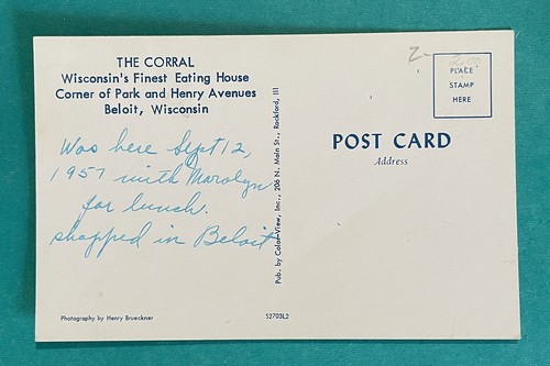 BELOIT Wisconsin THE CORRAL Restaurant Postcard Corner Park & Henry Avenues - Picture 2 of 2