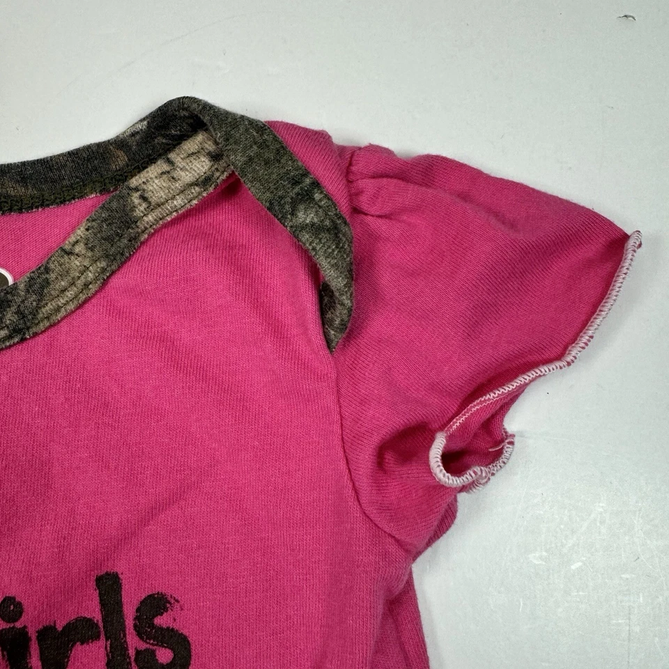 Mossy Oak Pink One Piece Bodysuit Baby Girls Hunting “Girls Hunt Too” 3/6M - Image 4 of 4