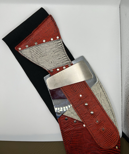 Vintage Belt from 80s, Black Red White Chrome, 36" long, Faux Leather, Stretchy - Picture 19 of 22