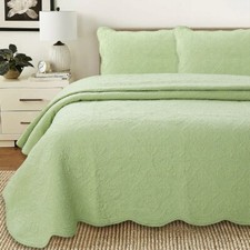 Quilt Set Queen Green Cotton Pillow Sham Scalloped Edge 3 Piece Bedding Cover