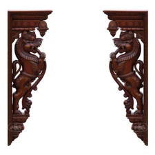 Pair of Wall Bracket/Door Entrance Lion Yali Dragon Statue Wooden Wall Bracket