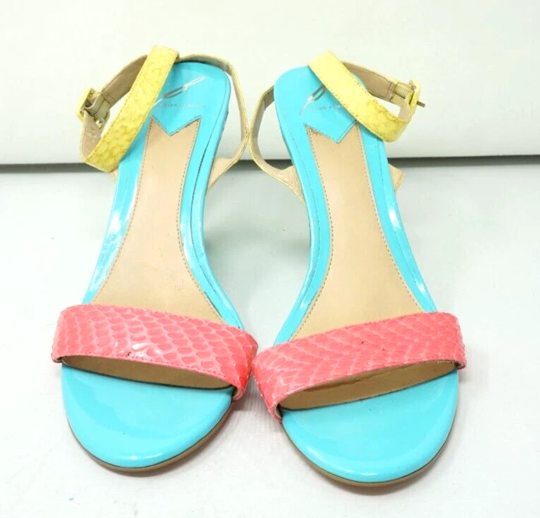 Sandalias Brian Atwood Cuñas Cuero Repujado Talla 9 Rosa Neón Azul Amarillo Retro Foto 2 de 4