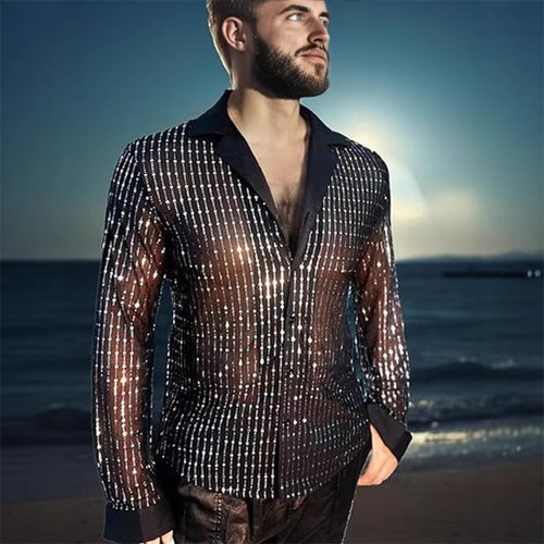 Men Sequin Shirt Casual Glitter Men's Party Shirts Long Sleeve Disco for Night