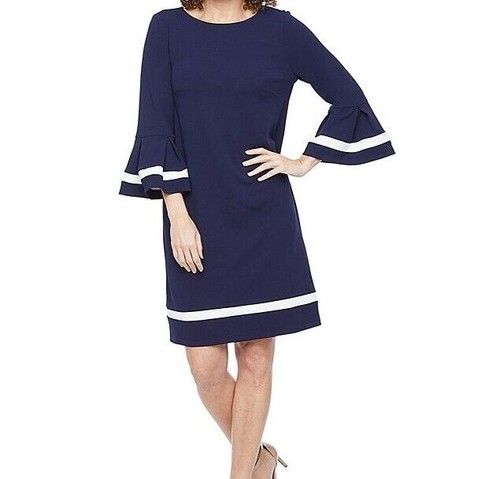 R & K Originals 3/4 Sleeve Shift Dress Navy/Ivory 16