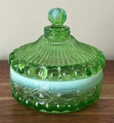 Mosser Glass - EYE WINKER COVERED CANDY DISH - GREEN OPAL - 5.5''h X 6''d NEW
